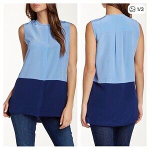 Vince Silk Sleeveless Blue Color block Lightweight Blouse Size Medium Career